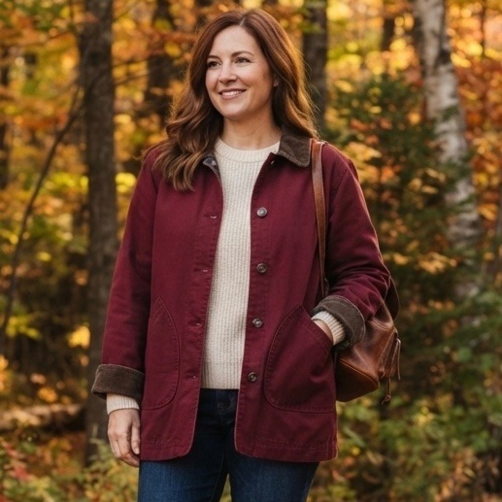 Vtg Lands End Red Cotton Canvas Barn Chore Jacket Corduroy Collar Plaid Lined M